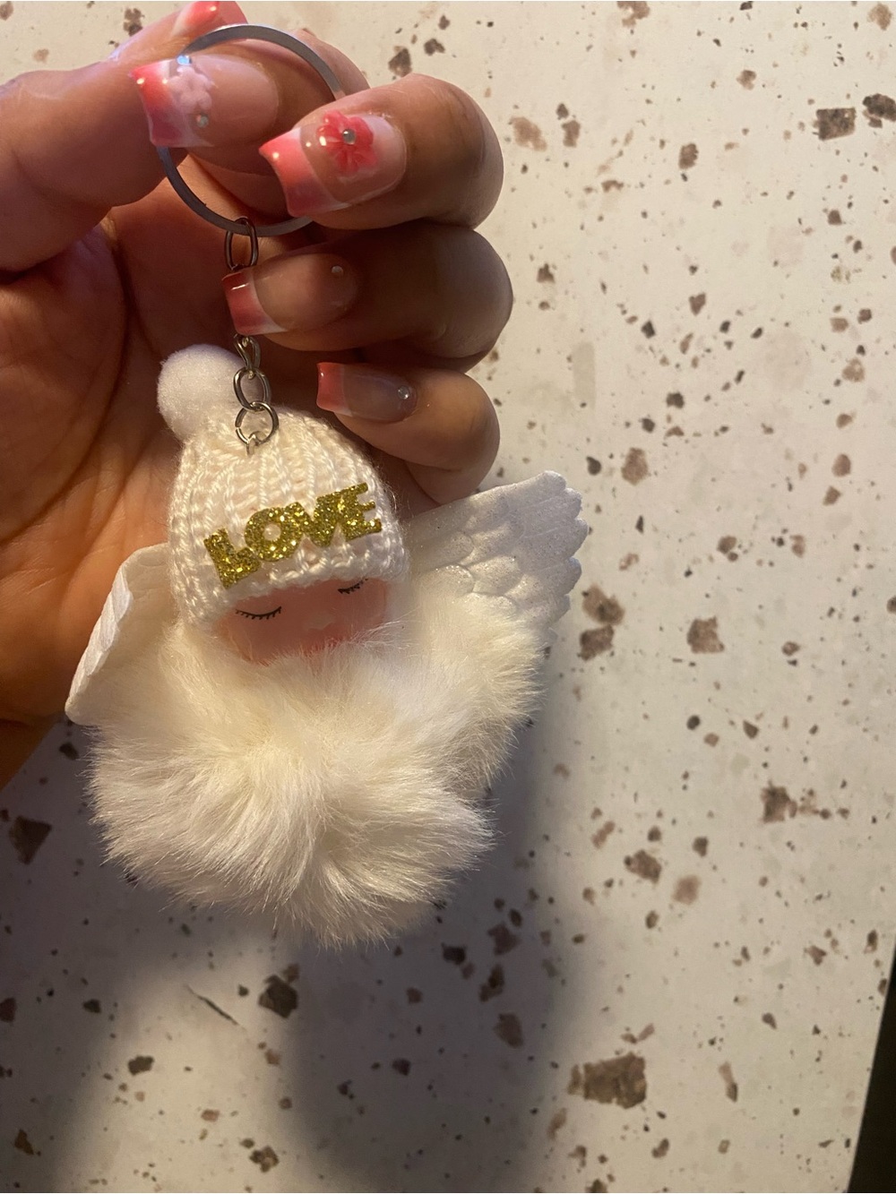 White Angel Pom Pom Keychain with Gold 'LOVE' Beanie - Picture 4 of 5